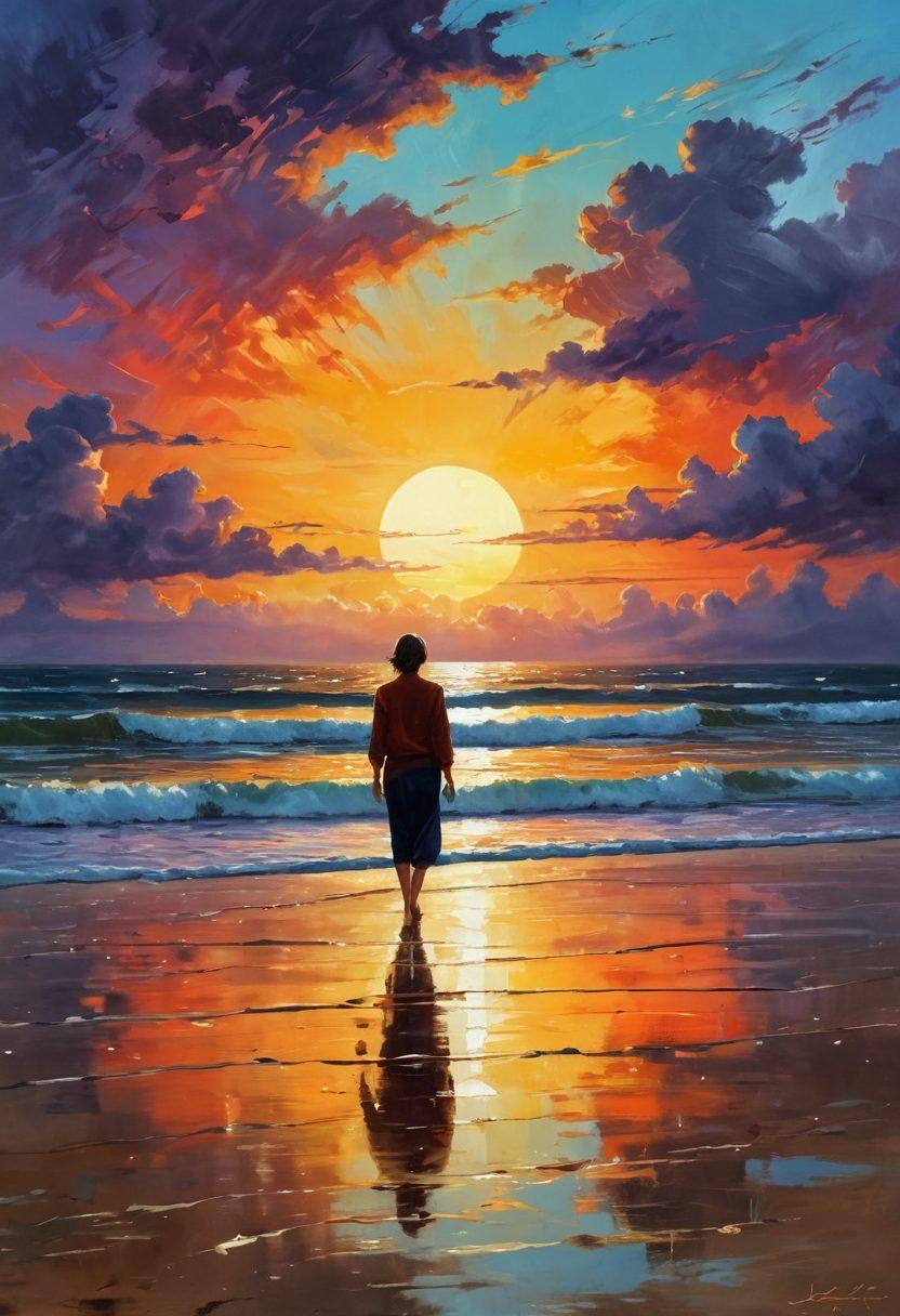 An abstract depiction of a summer landscape that transitions from bright, sun-kissed hues to deep, melancholic shades, illustrating both joy and sorrow. Include elements like a glowing sun setting over a serene beach with a figure gazing contemplatively at the horizon, contrasting with a rainy scene of the same beach with dark clouds and fallen petals. Layered textures and emotional expressions capture the essence of nostalgia and reflection. vibrant colors. impressionist style.