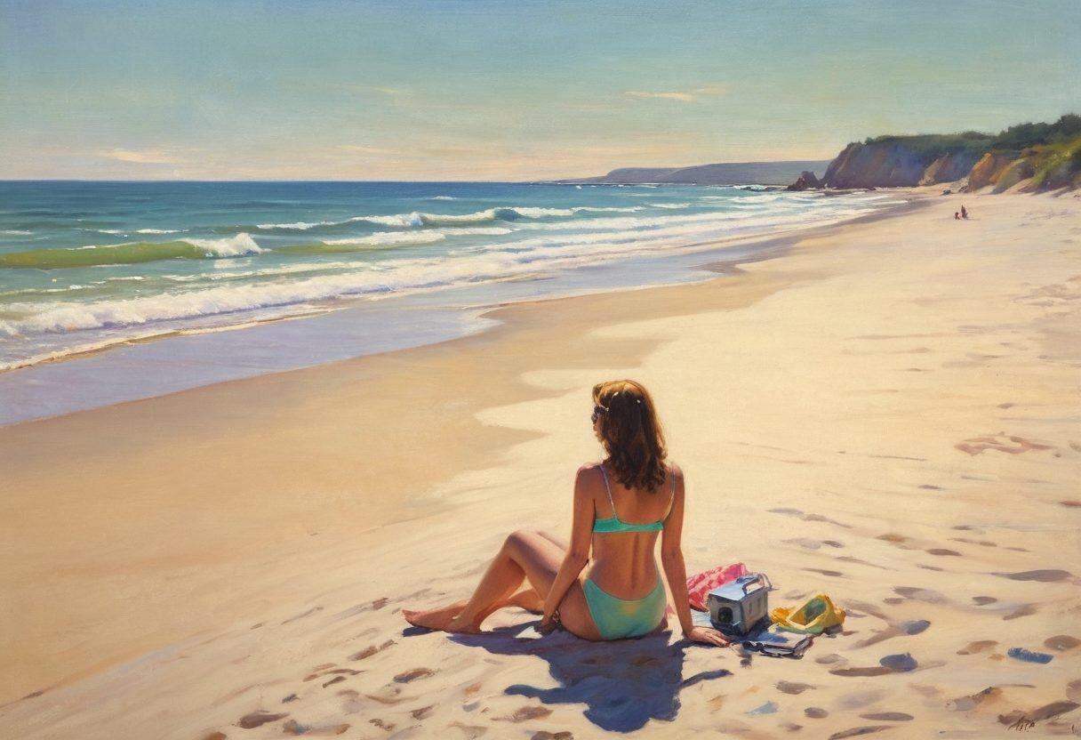 A sun-soaked beach scene with a solitary figure sitting on the sand, gazing at the ocean, surrounded by faded summer memories. Include colorful swimsuits scattered around and a vintage film projector casting shadows on the sand. The atmosphere should evoke a sense of nostalgia and melancholy, capturing the bittersweet essence of summer films. soft pastel colors. impressionist painting.